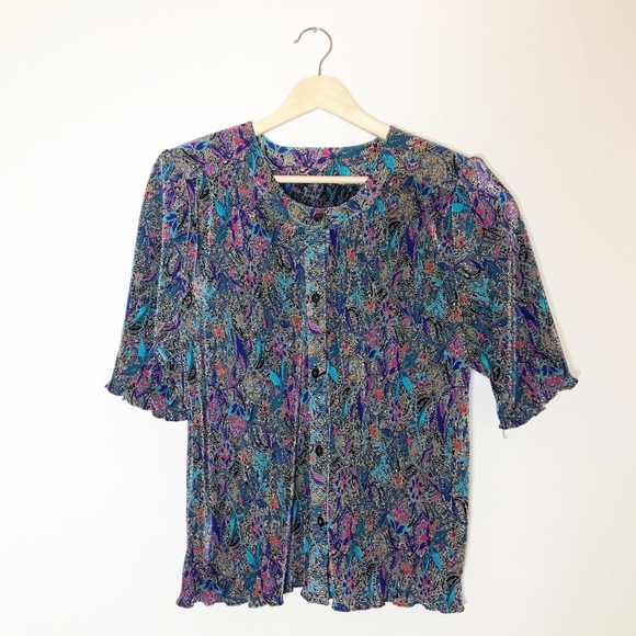 Vintage Bright Floral Paisley Button Front Blouse - Picture 7 of 10